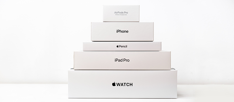 Apple watch, iPad Pro, Apple pencil, iphone, airpods pro pyramid from boxes.